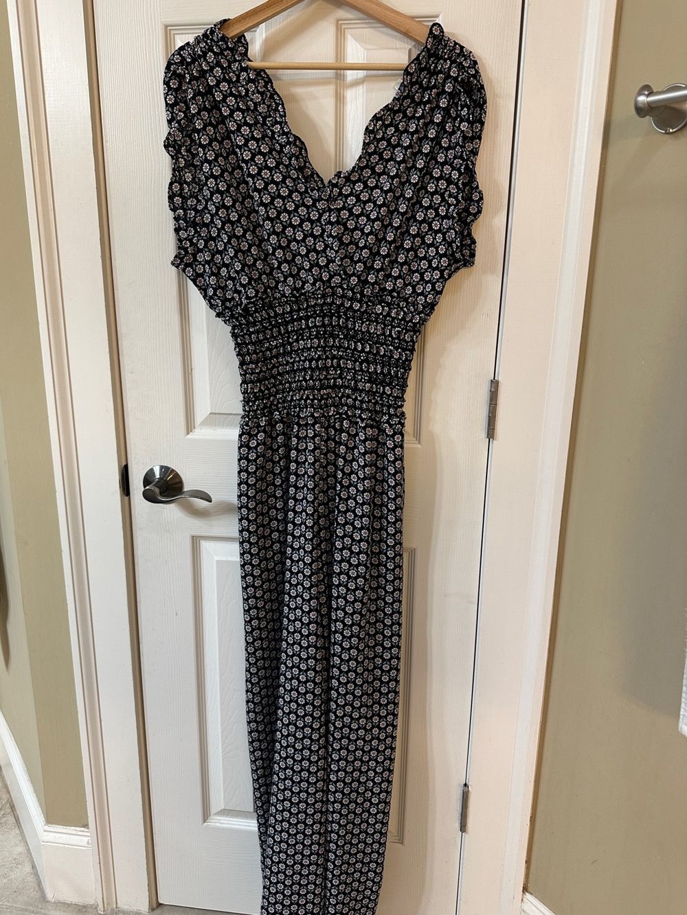 Max Studio Women's Black Smocked Medallion print Jumpsuit Plazzo Pants
